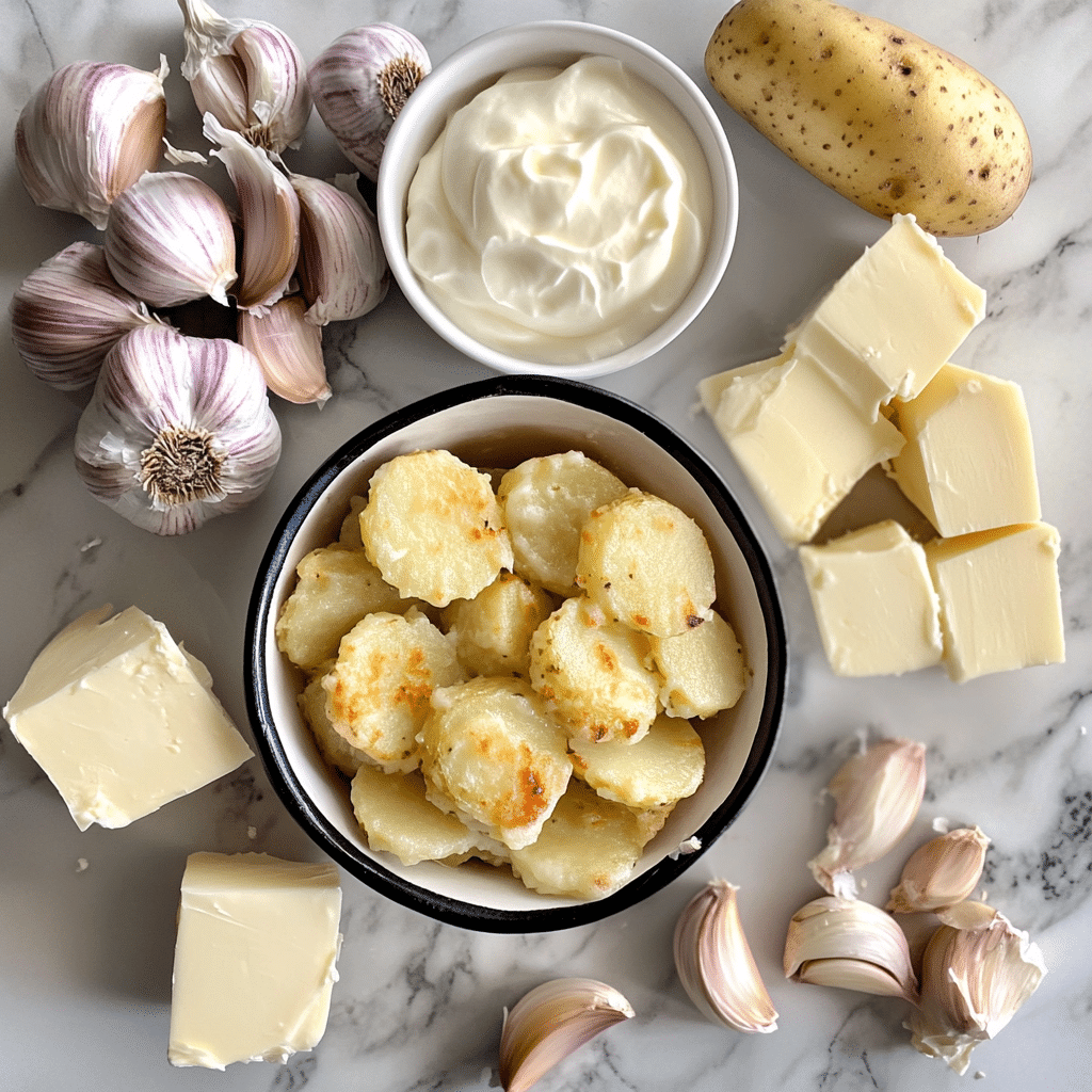 Potatoes, cream, cheese, and butter for making scalloped potatoes