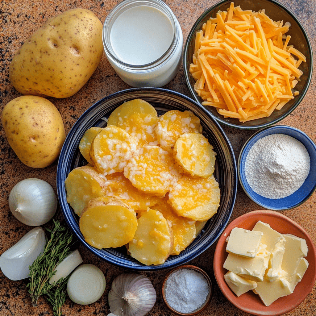 Potatoes, onions, butter, milk, cream, cheese, and seasonings arranged for scalloped potatoes