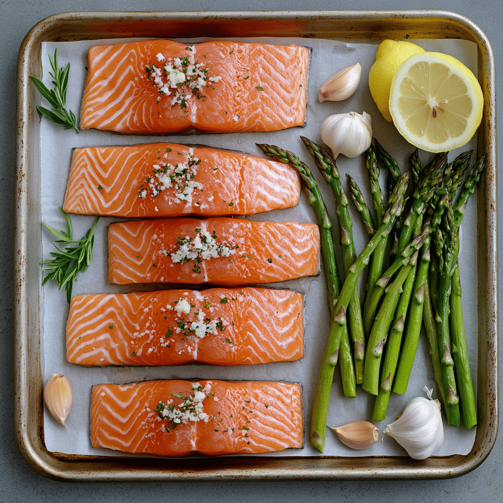 Salmon, asparagus, garlic, and lemon for sheet pan salmon