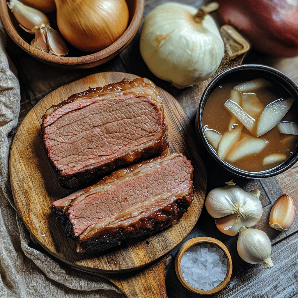 Beef brisket, onions, garlic, and broth for slow-cooked brisket