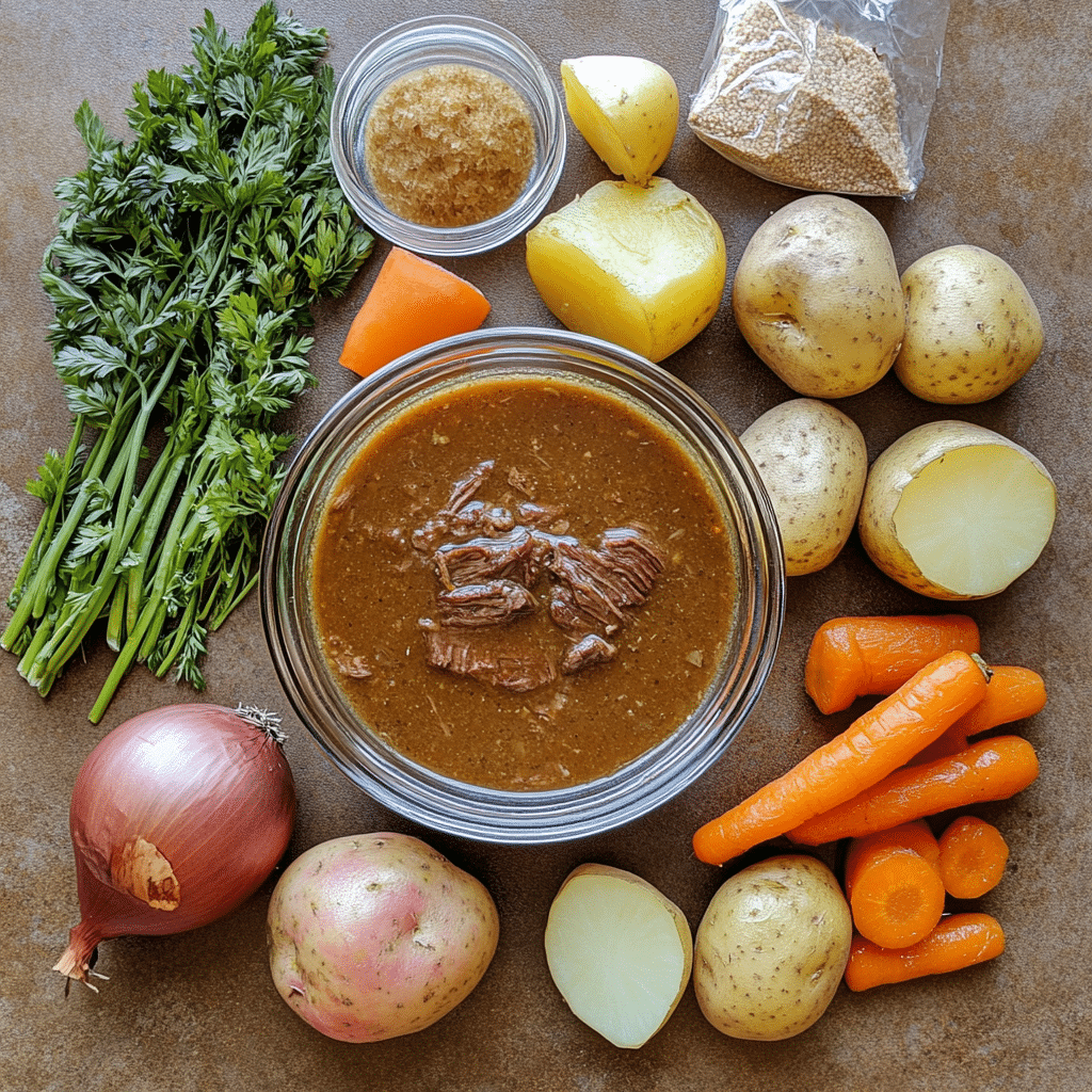 Beef roast, carrots, potatoes, and broth for slow cooker pot roast