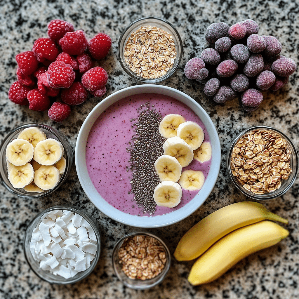 Smoothie bowl ingredients including berries, granola, and chia seeds
