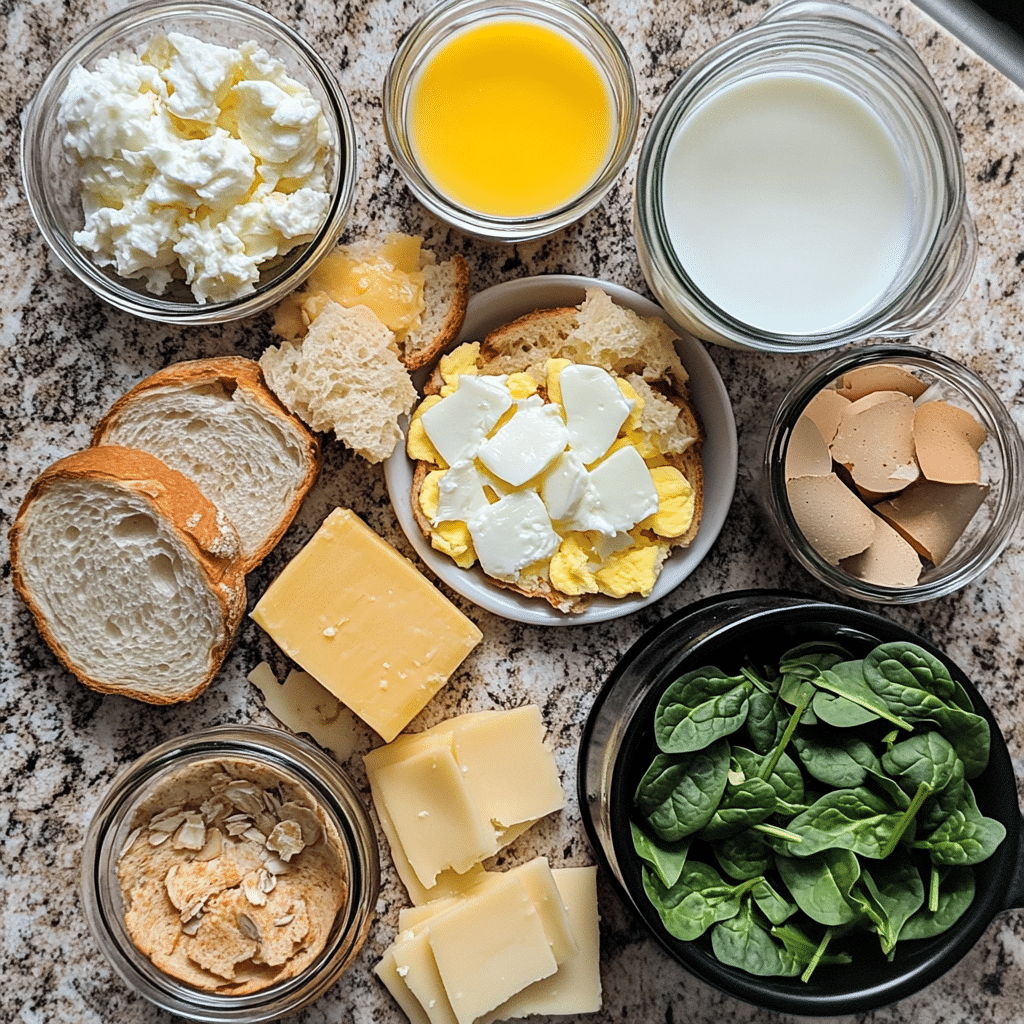 Bread, spinach, and cheese for breakfast strata