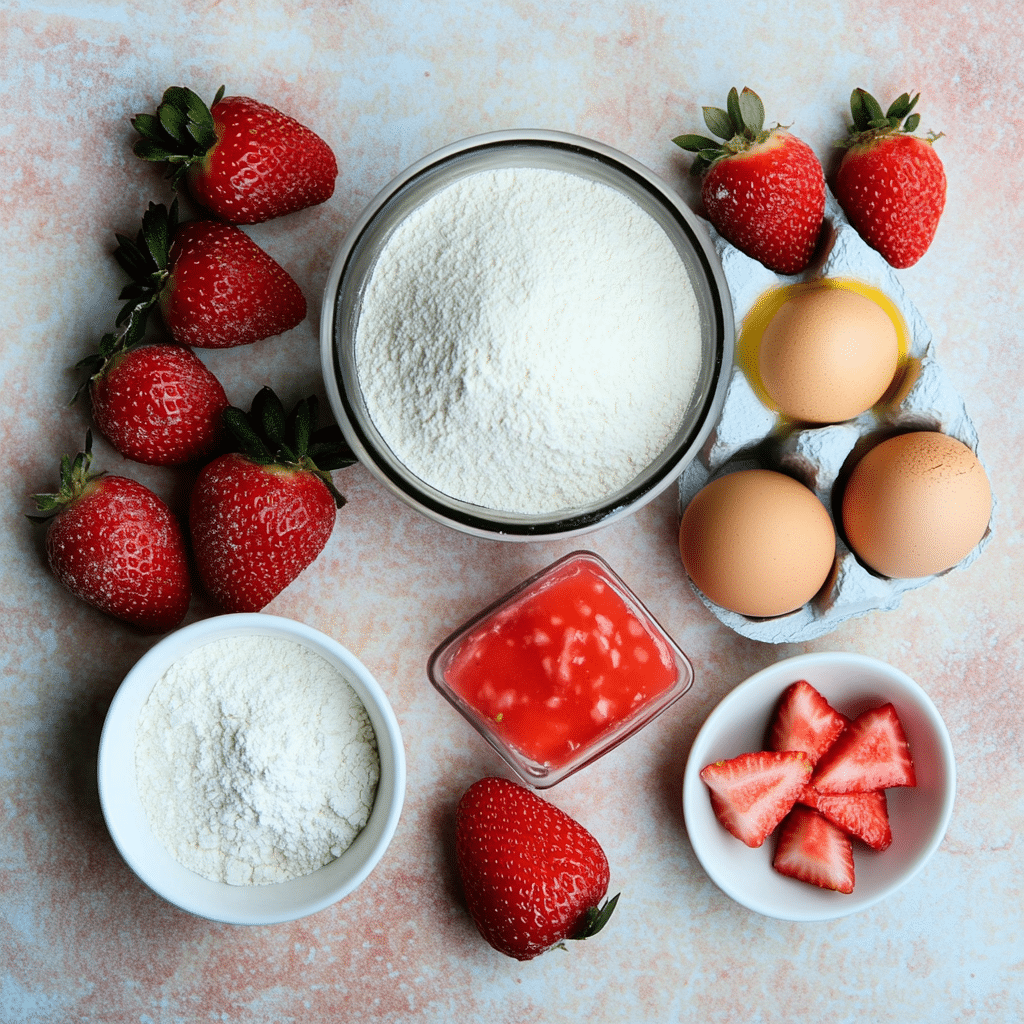 Strawberries, flour, and sugar for homemade strawberry cake