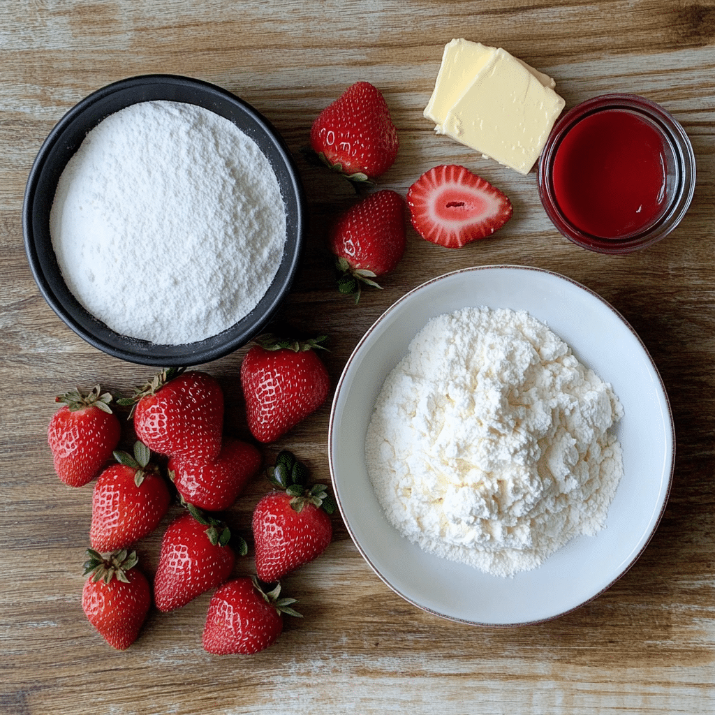 Strawberries, sugar, and whipped cream for strawberry shortcake cake