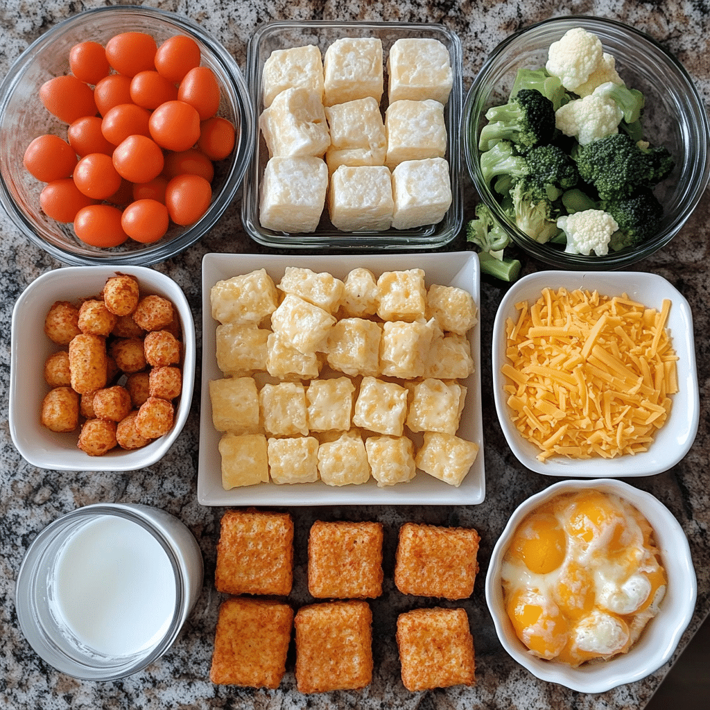 Tater tots, eggs, cheese, and milk for tater tot breakfast casserole