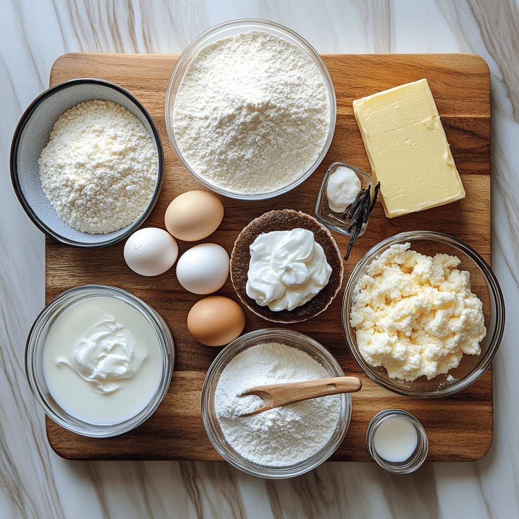 Bowls of cake flour, sugar, butter, egg whites, sour cream, milk, and vanilla bean paste on a kitchen counter