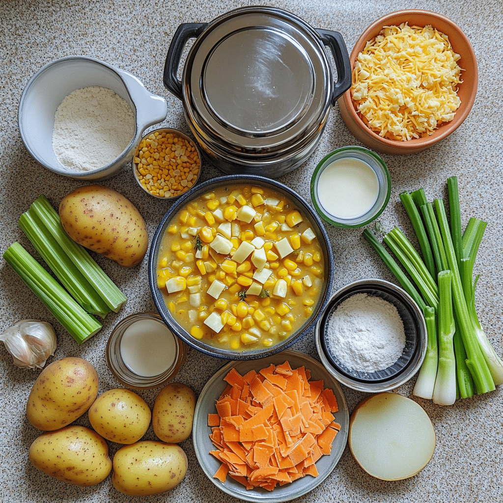 Ingredients for vegetarian corn chowder including corn potatoes vegetables broth milk and spices