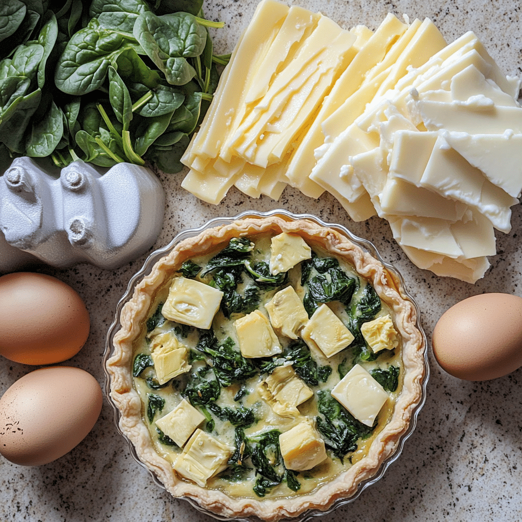 Spinach, artichokes, eggs, and cheese for a vegetarian quiche Lorraine