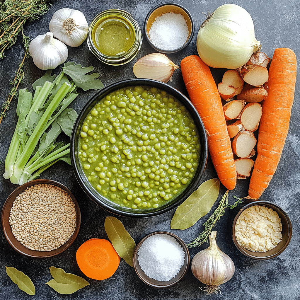 Split peas, vegetable broth, carrots, celery, onion, garlic, and herbs for split pea soup