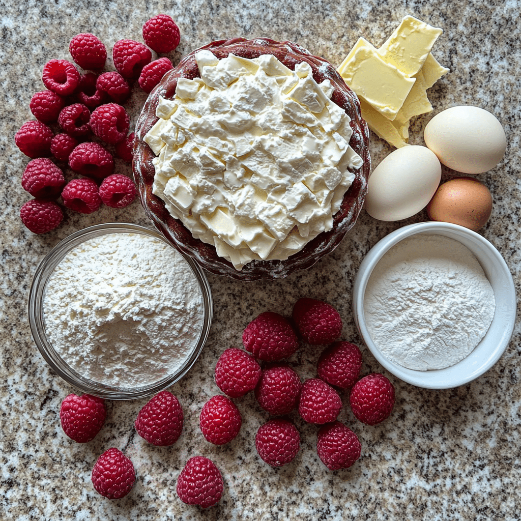White chocolate, raspberries, and flour for bundt cake