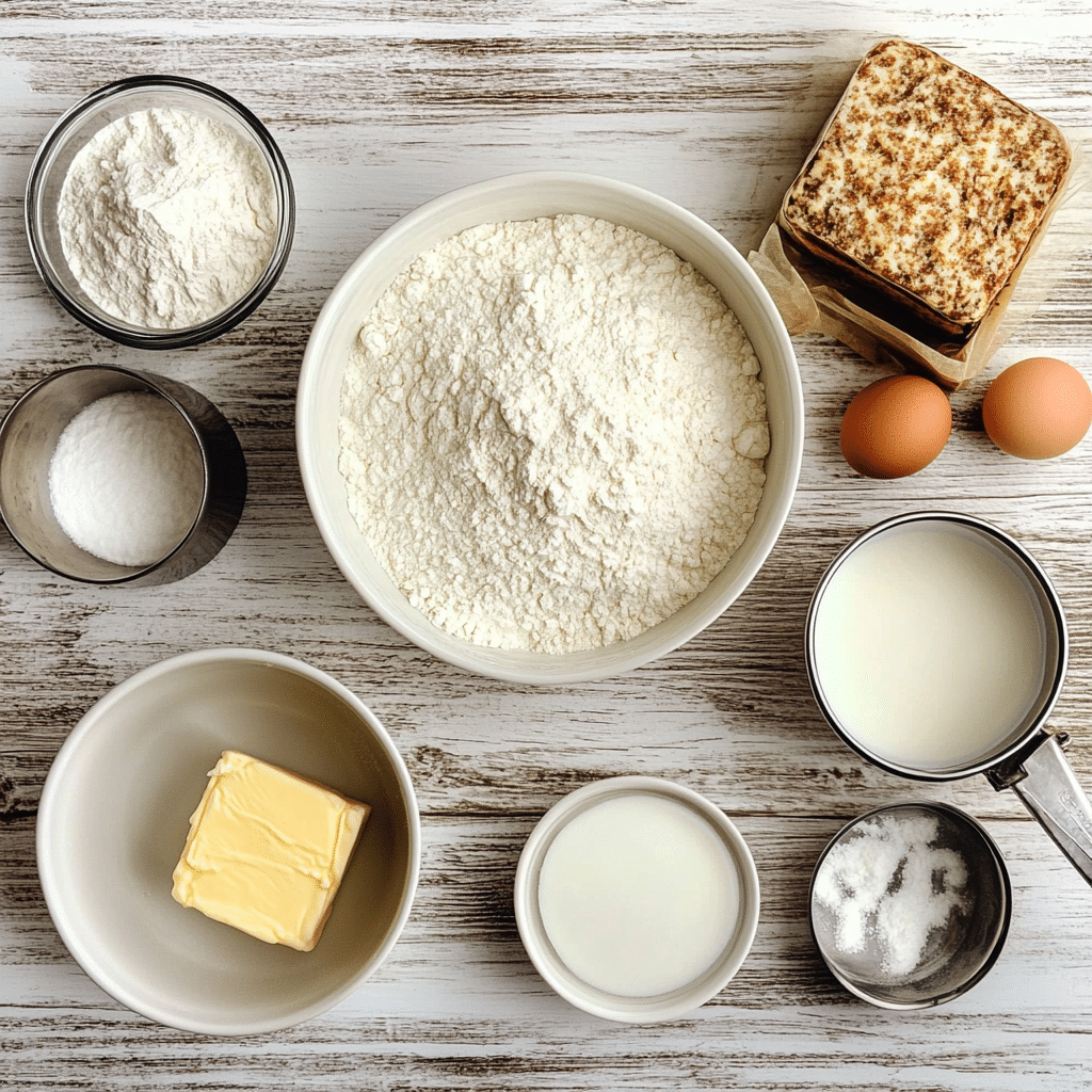 ingredients for irish soda bread including flour baking soda buttermilk butter egg salt and sugar