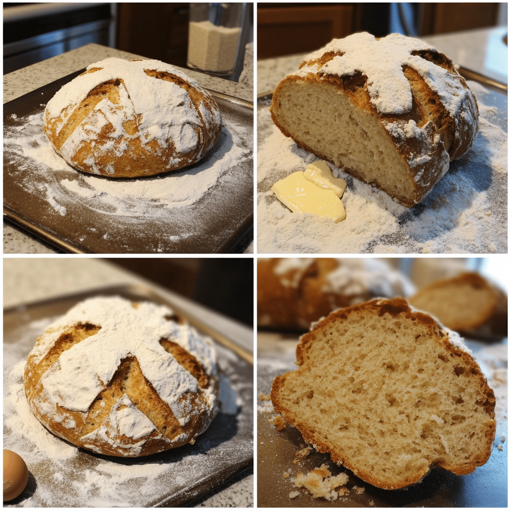 four panel collage showing steps to make irish soda bread