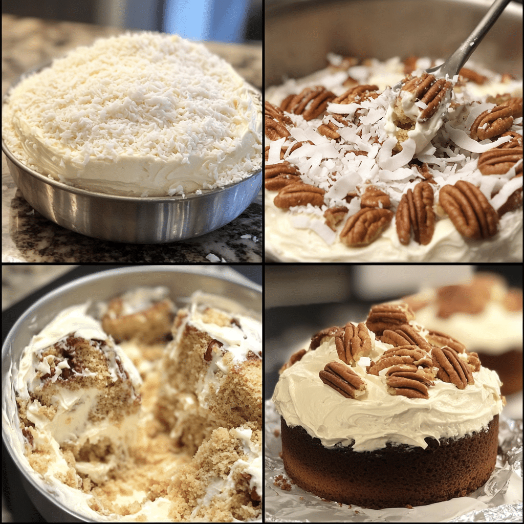 Four panel collage showing the steps for making Italian cream cake