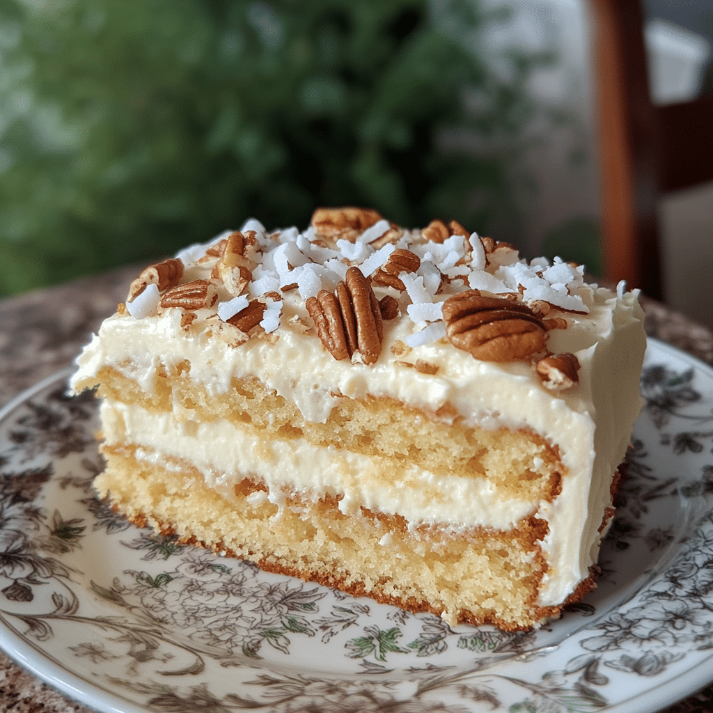 A slice of Italian cream cake with cream cheese frosting, coconut, and pecans
