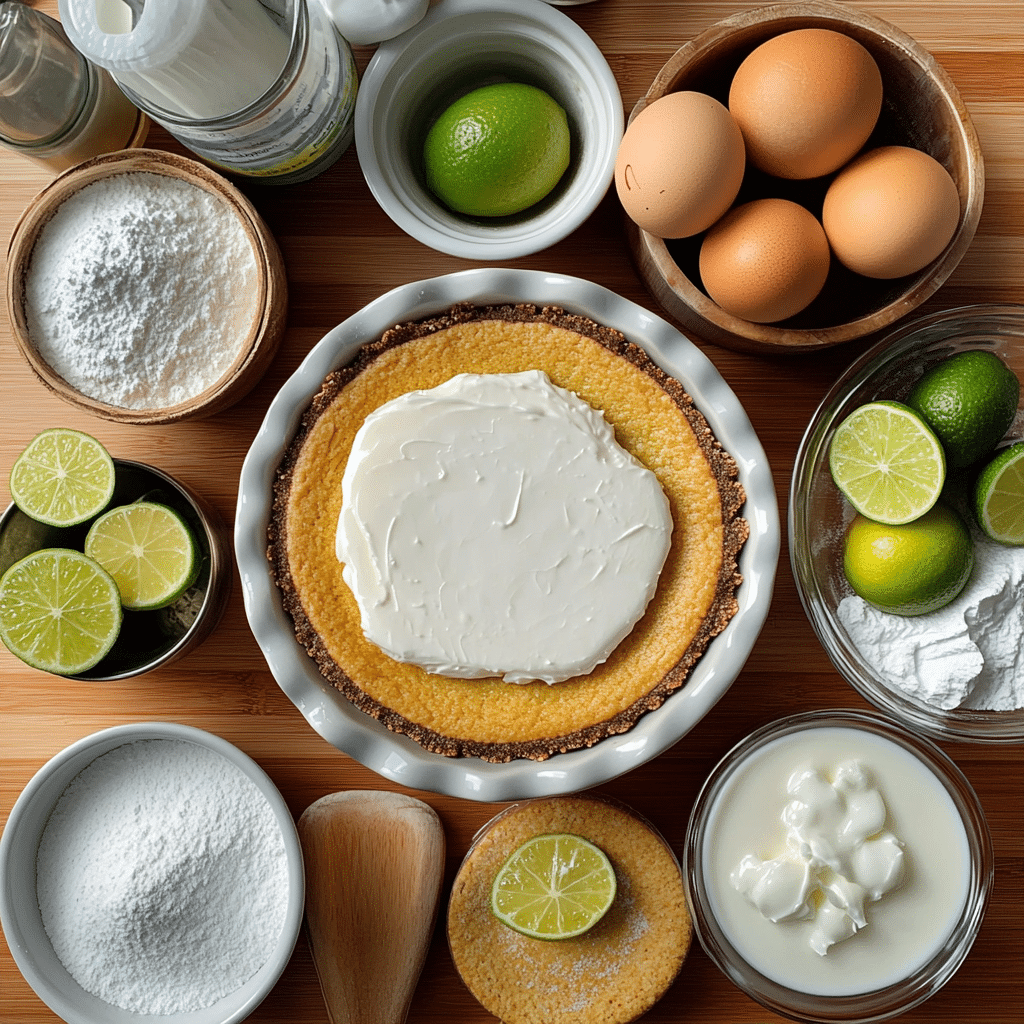 ingredients for key lime pie including graham crackers condensed milk egg yolks limes and cream