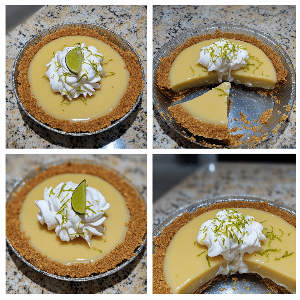 four panel collage showing steps to make key lime pie