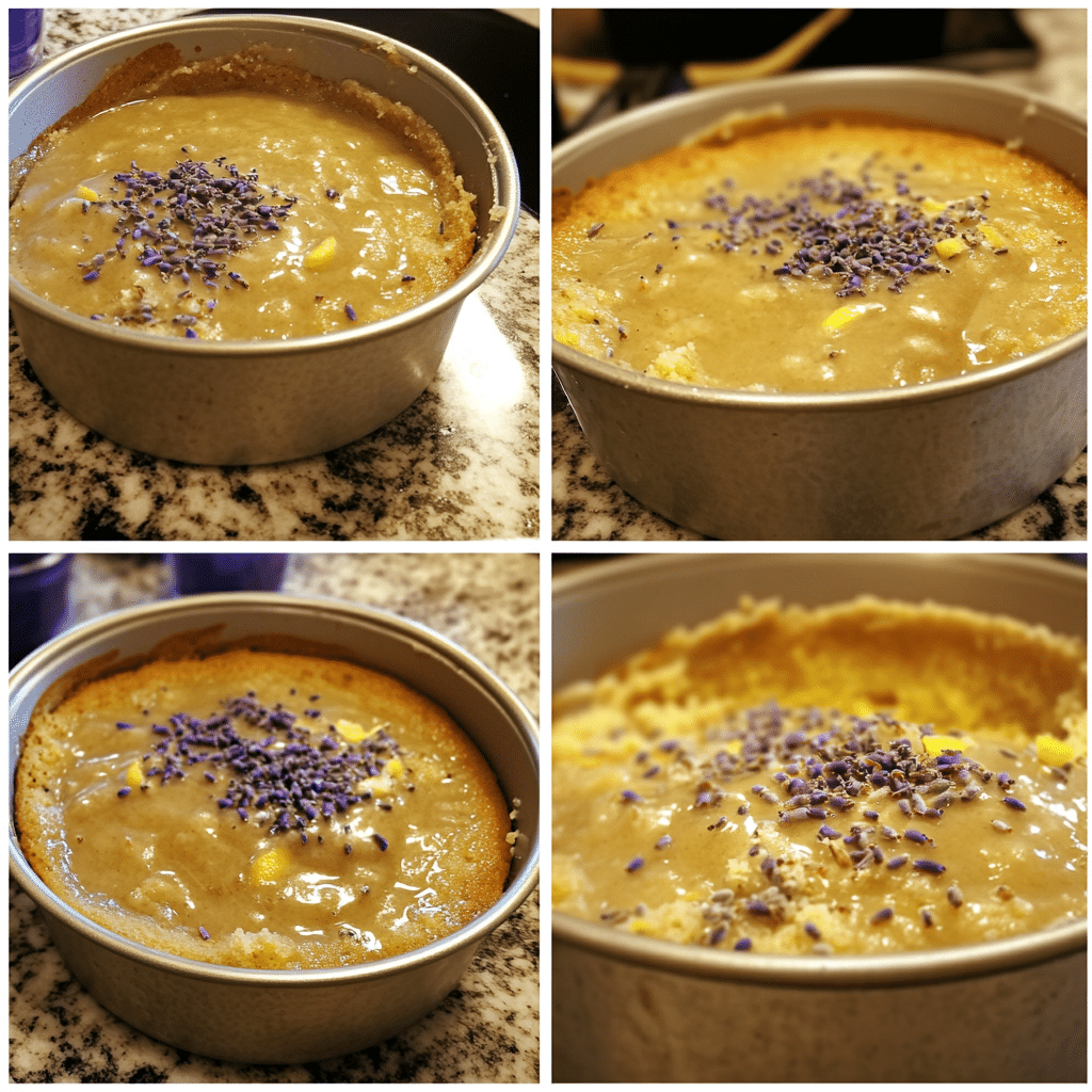 Four panel collage showing the steps for making lavender lemon cake