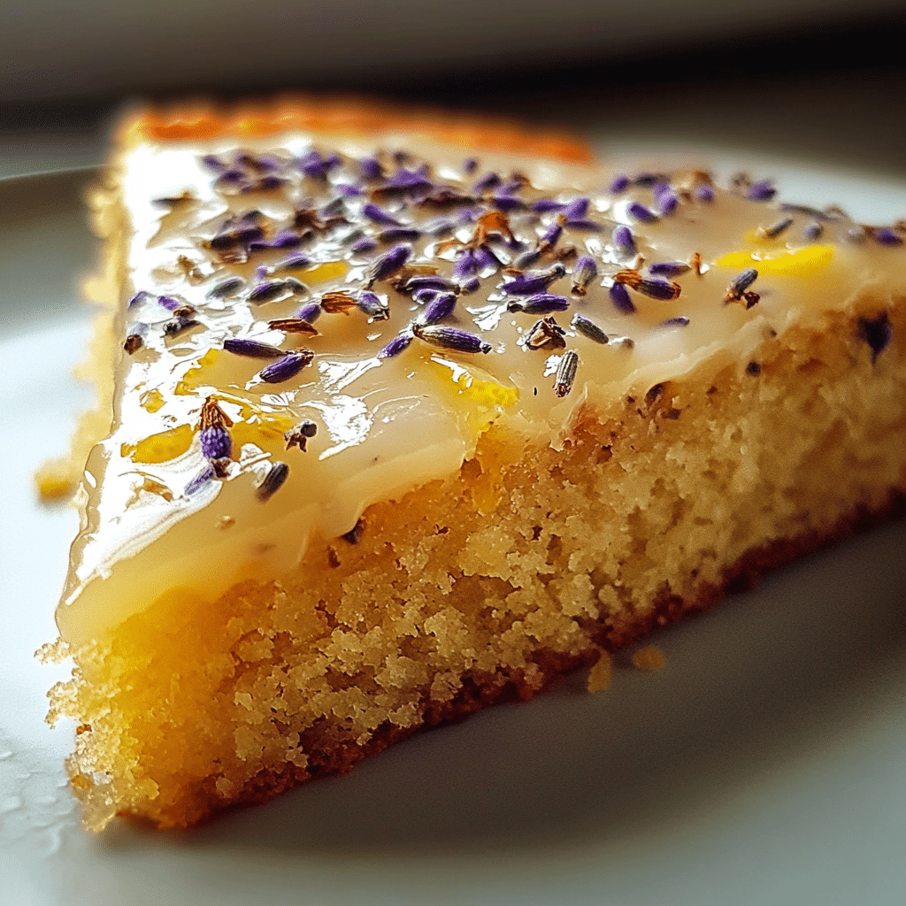A slice of lavender lemon cake with lemon glaze and lavender sprigs