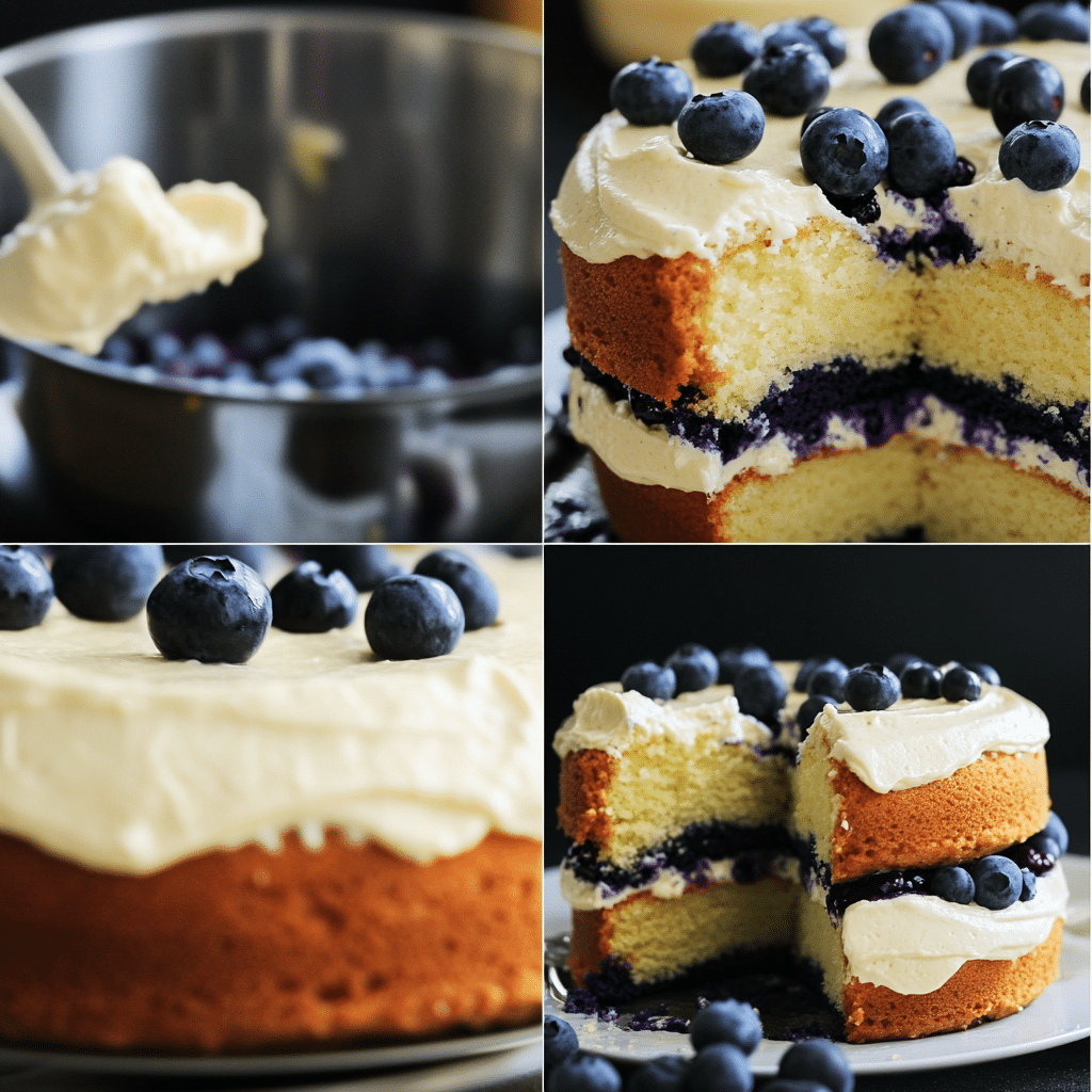 Four panel collage showing the steps for making lemon blueberry layer cake