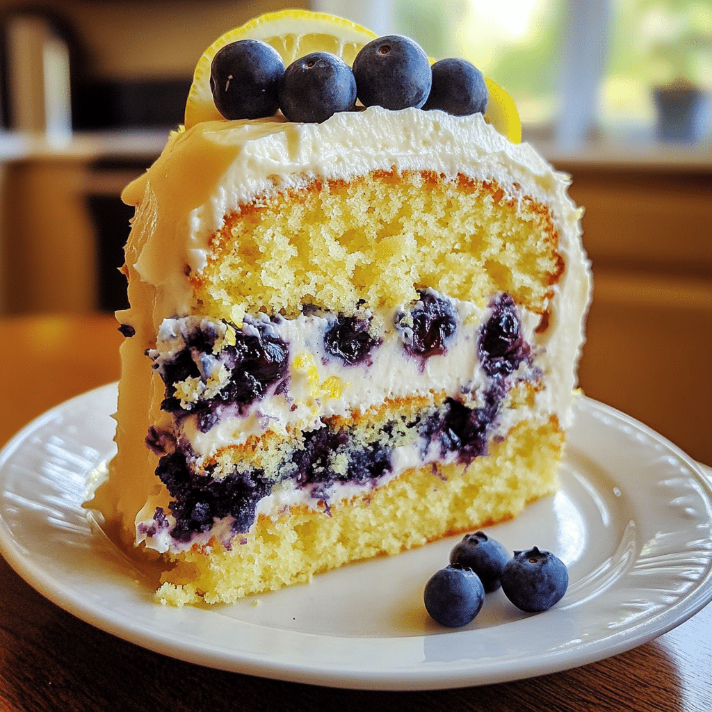A slice of lemon blueberry layer cake with blueberries and lemon zest