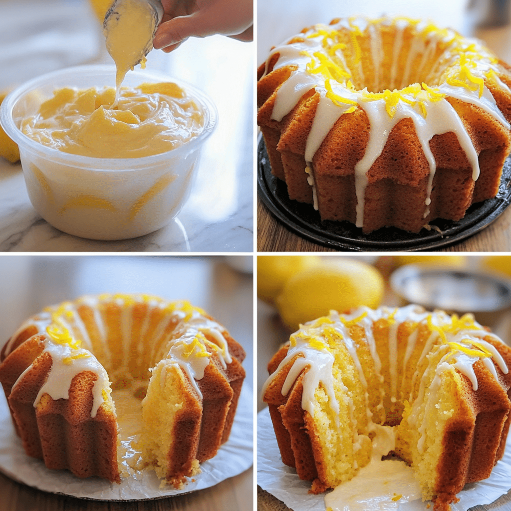 Four panel collage showing the steps for making lemon bundt cake