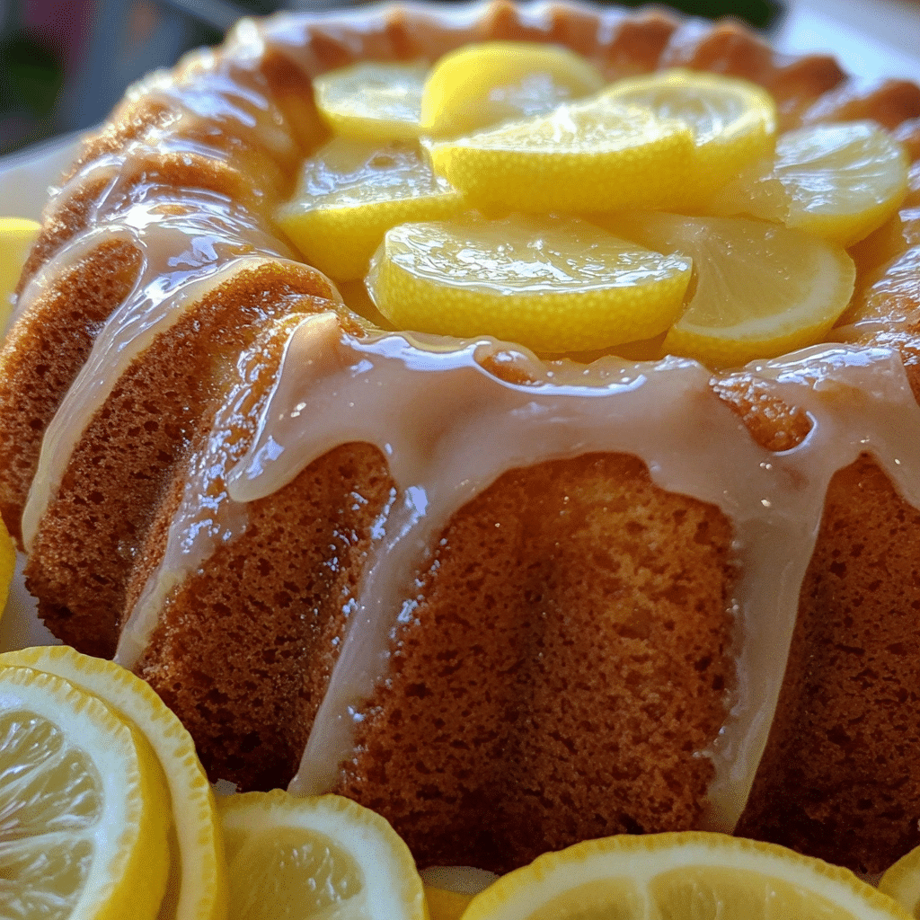 A bundt cake with lemon glaze and lemon slices