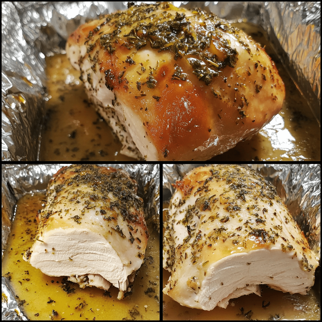 Four panel collage showing the steps for making lemon herb roasted turkey breast