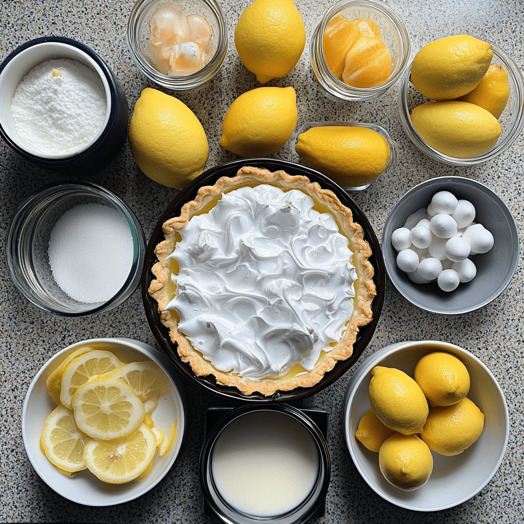 ingredients for lemon meringue pie including baked pie crust lemons sugar cornstarch egg yolks egg whites butter and cream of tartar