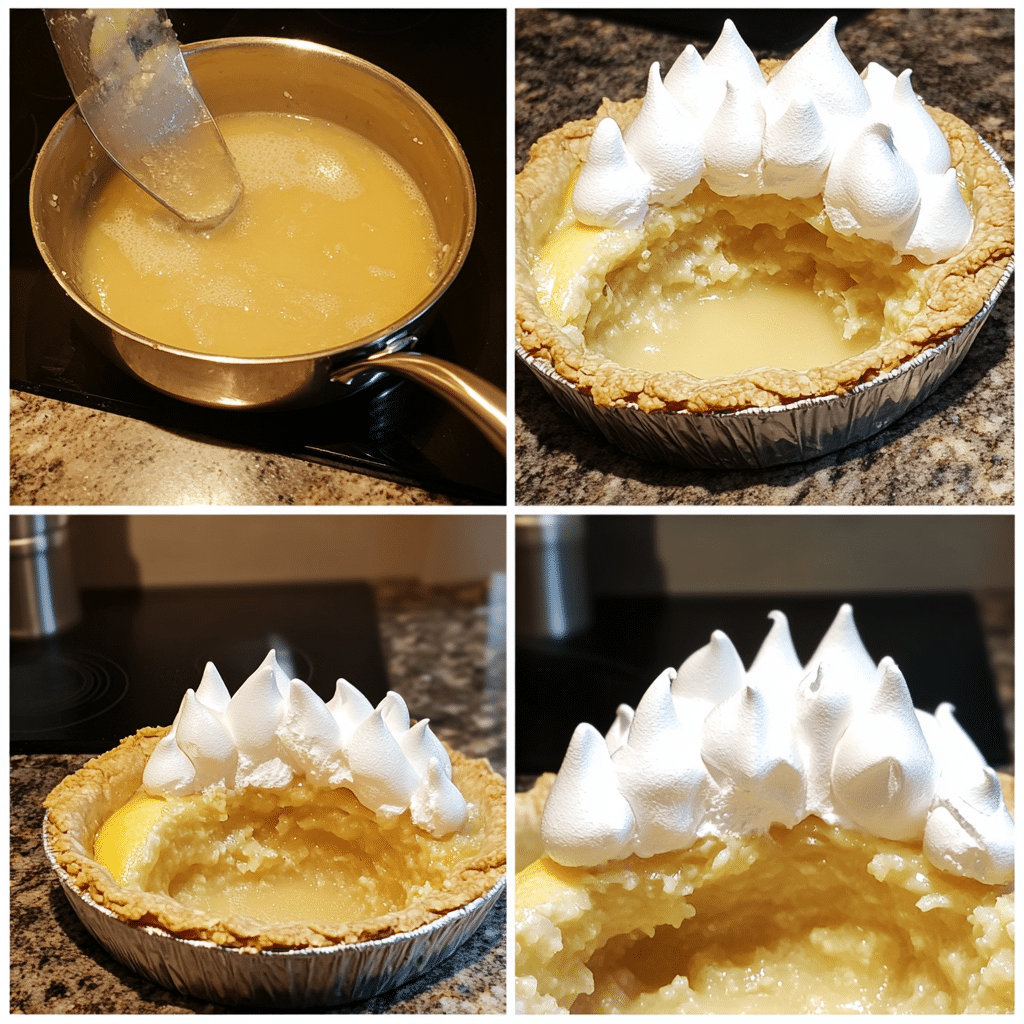 four panel collage showing steps to make lemon meringue pie