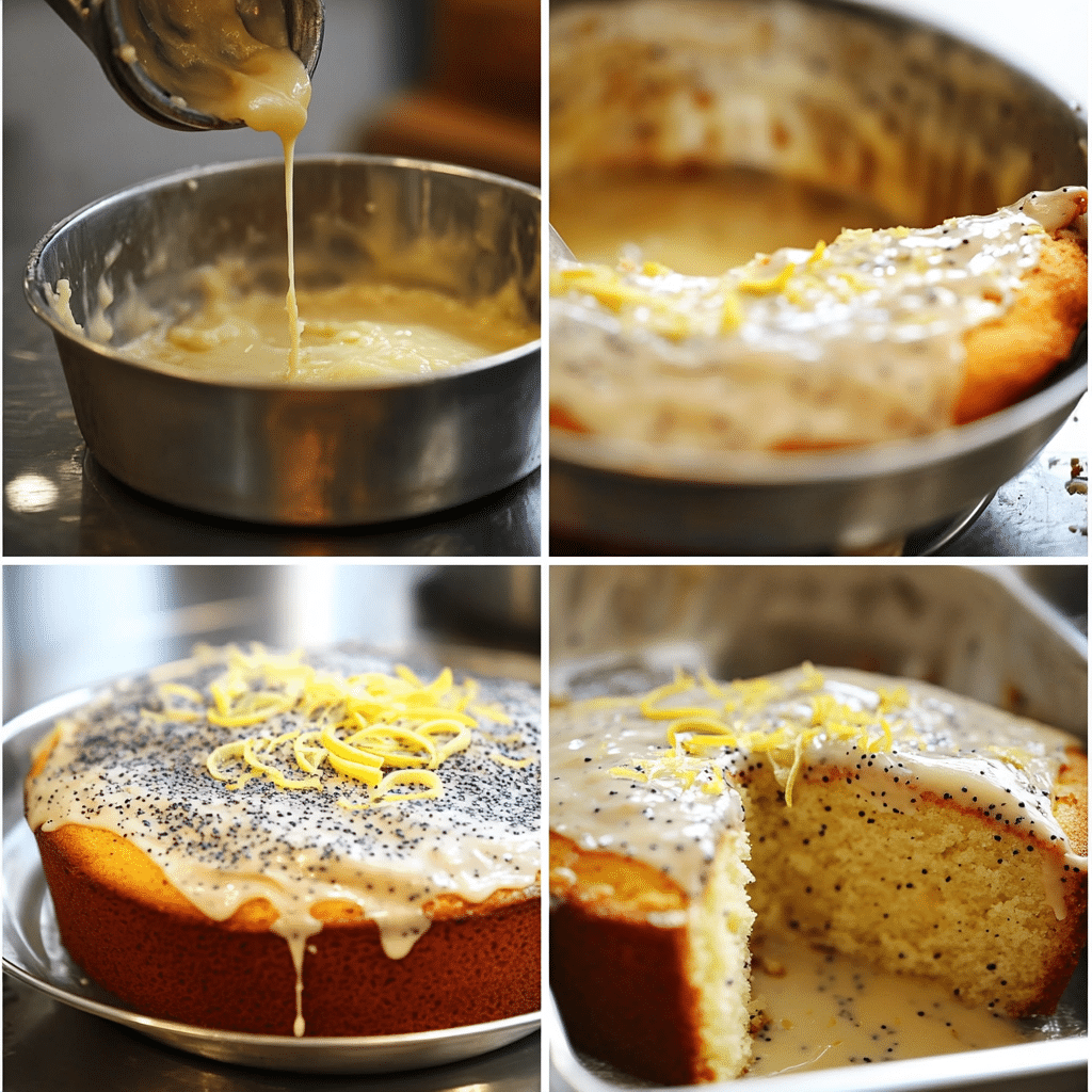 Four panel collage showing the steps for making lemon poppy seed pound cake