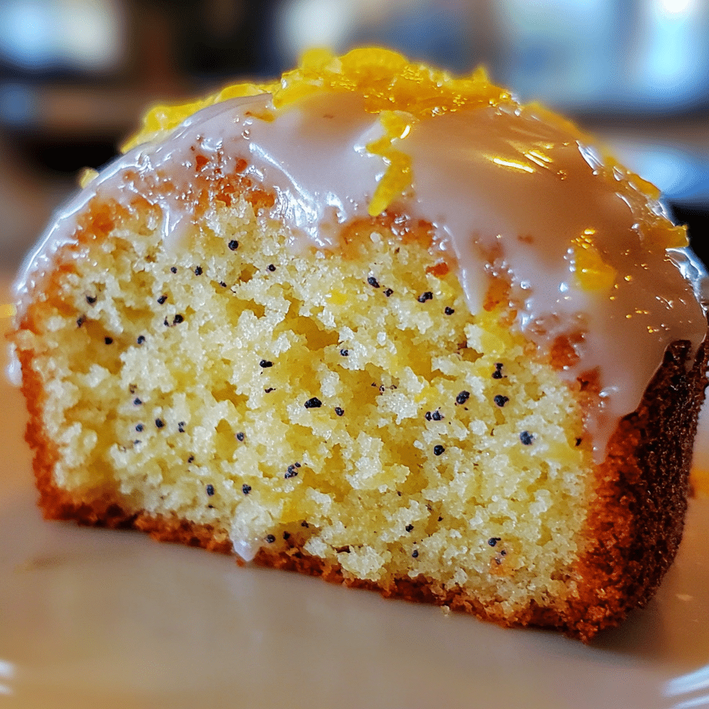 A slice of lemon poppy seed pound cake with a glaze and lemon zest