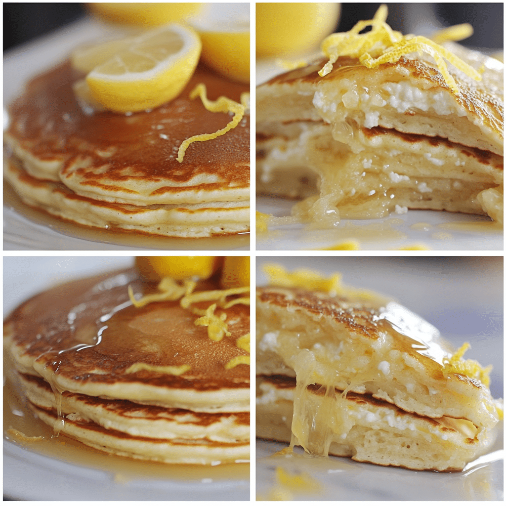 Four panel collage showing the steps for making lemon ricotta pancakes