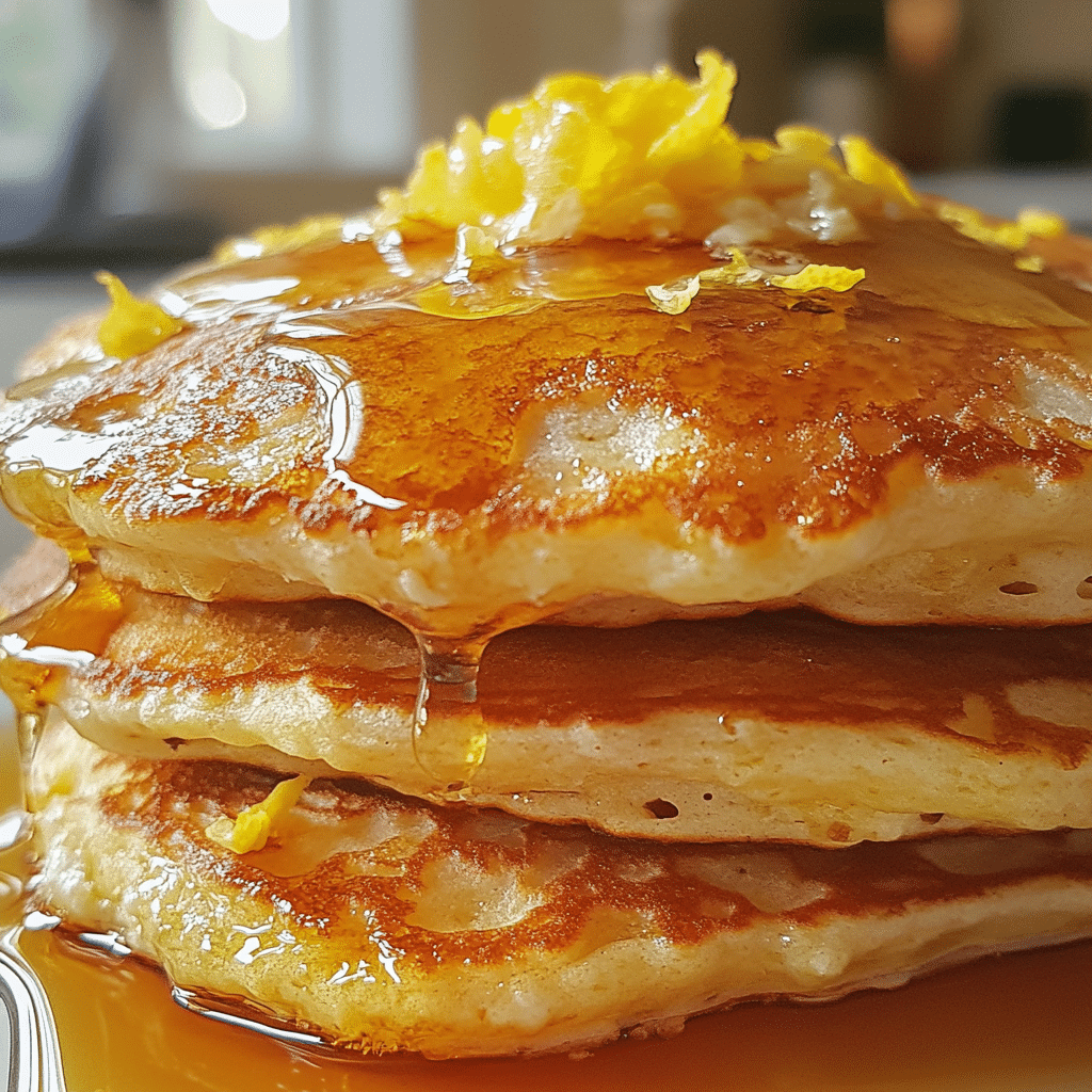 A stack of lemon ricotta pancakes with syrup and lemon zest