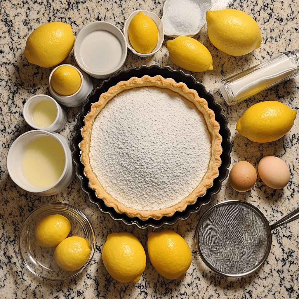 ingredients for lemon tart including flour butter powdered sugar eggs lemons sugar cream and tart pan