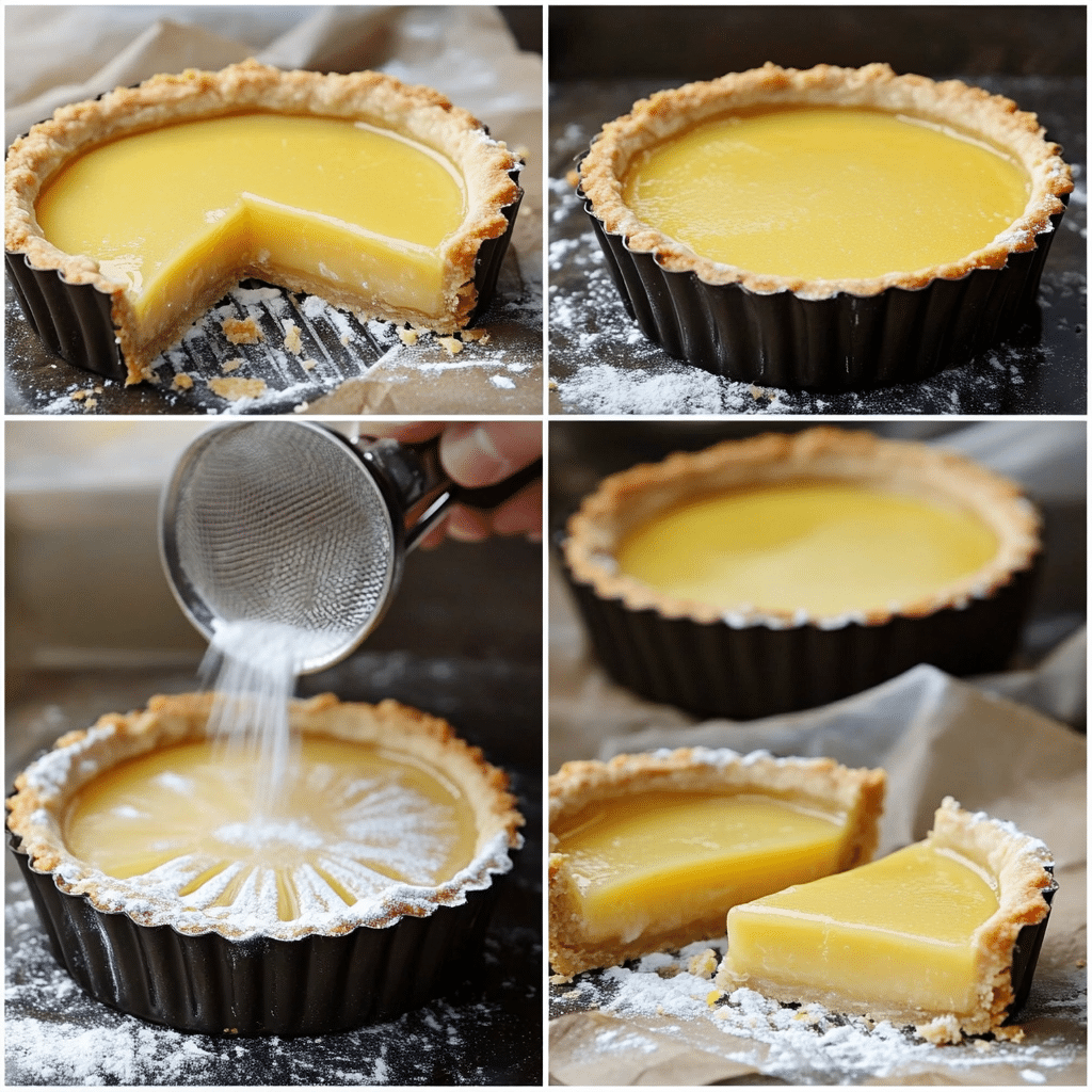 four panel collage showing steps to make classic lemon tart
