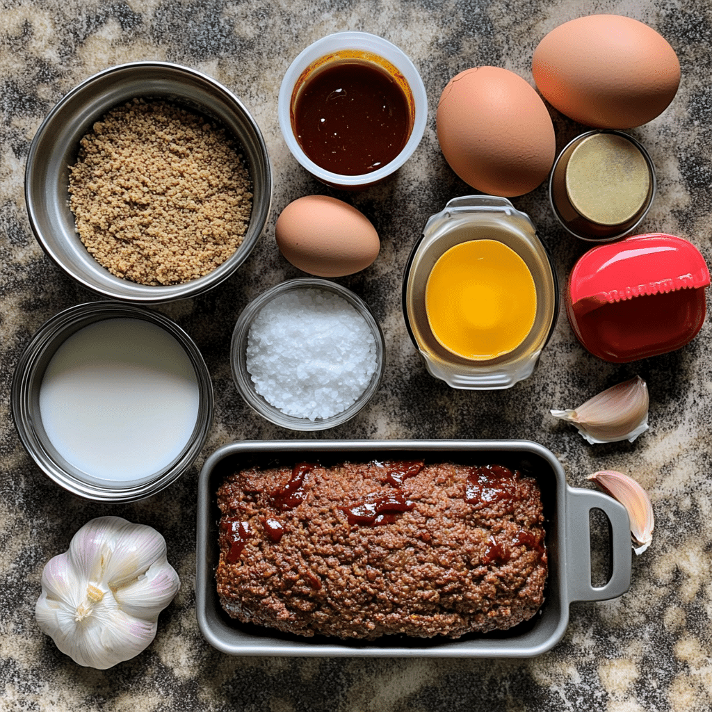 ingredients for beef meatloaf including ground beef breadcrumbs milk eggs onion ketchup and seasonings