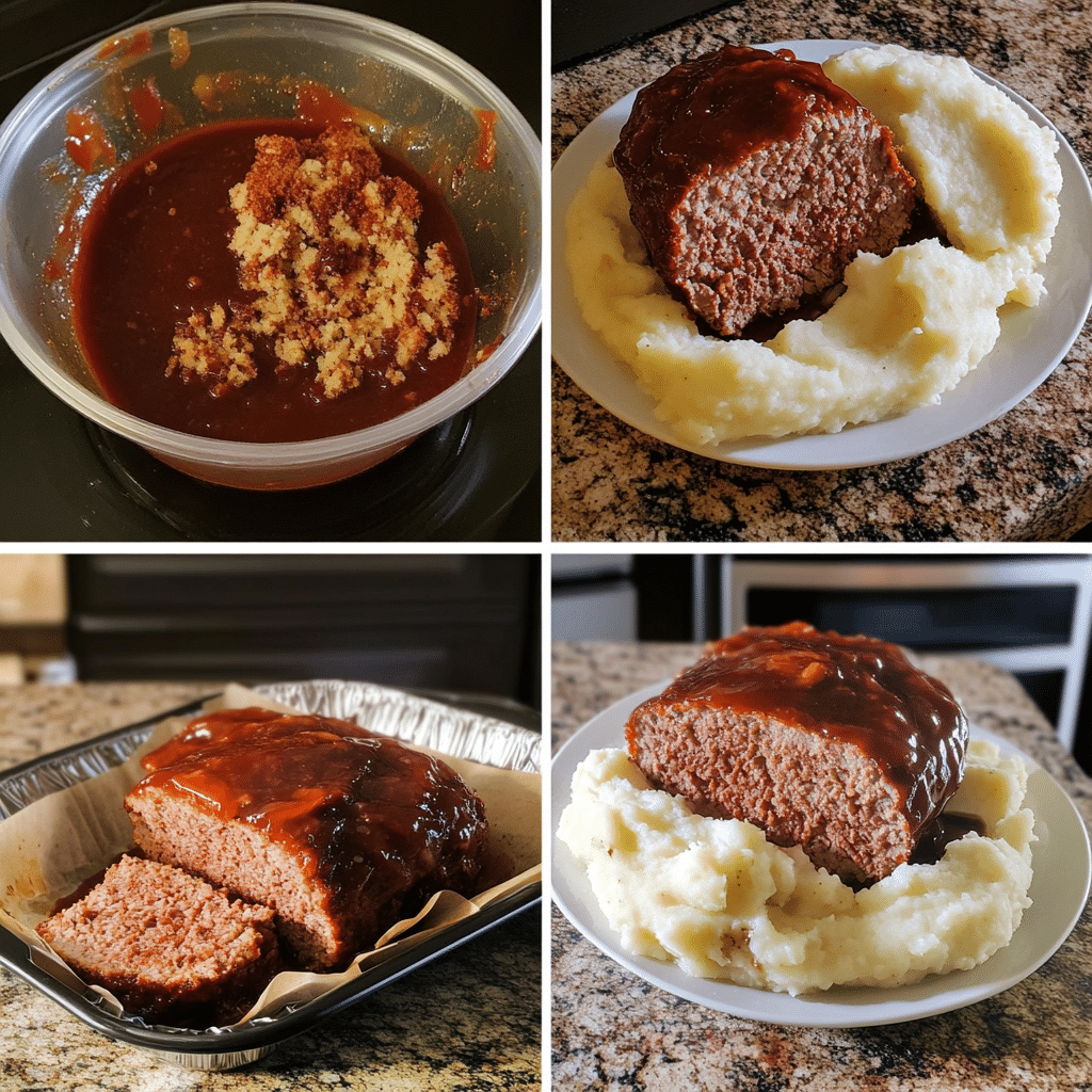 four panel collage showing steps to make beef meatloaf