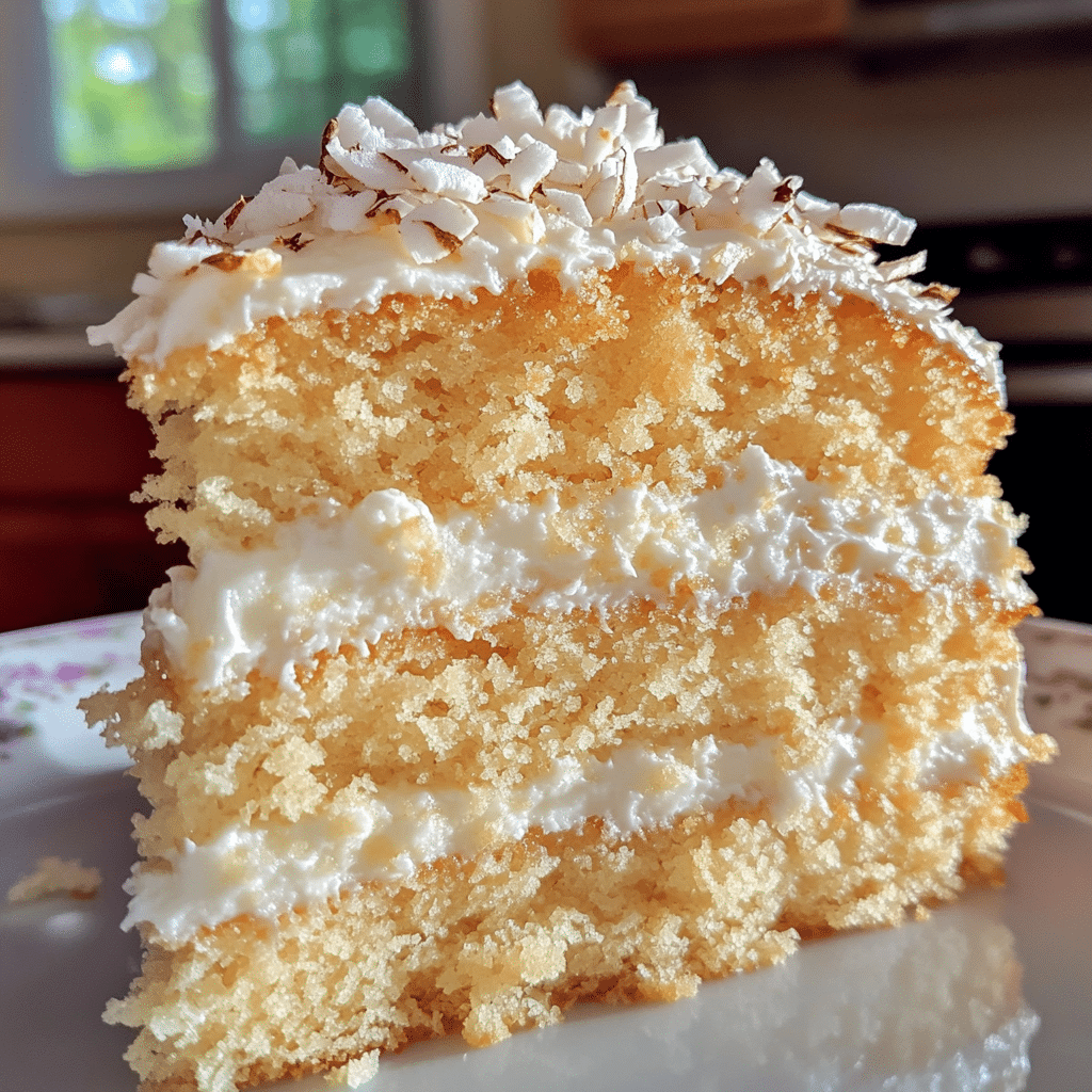 A slice of coconut cake with frosting and coconut flakes