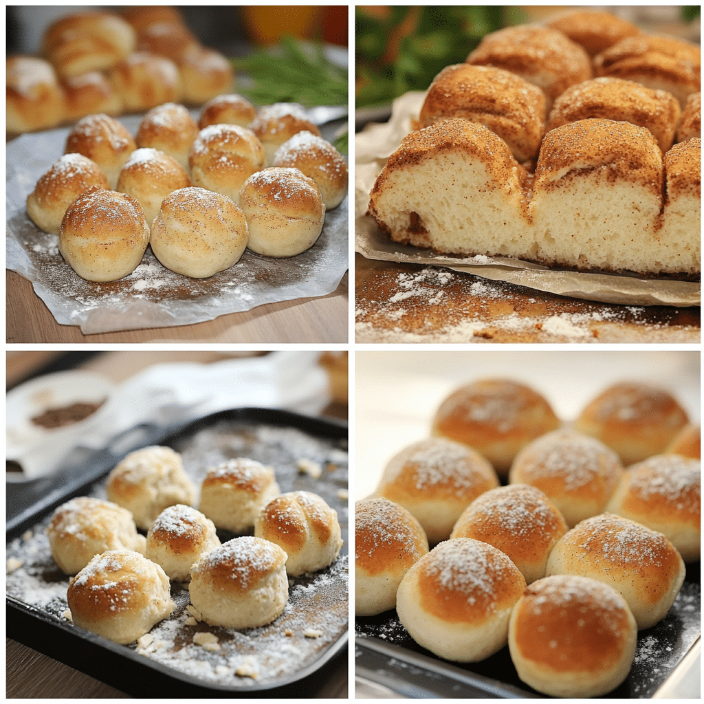 Four panel collage showing the steps for making monkey bread