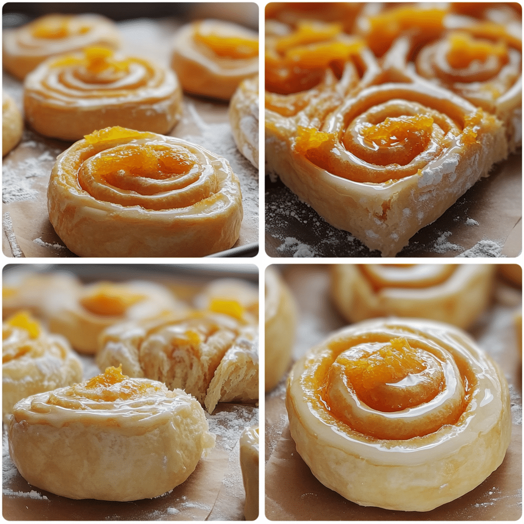 Four panel collage showing the steps for making orange rolls