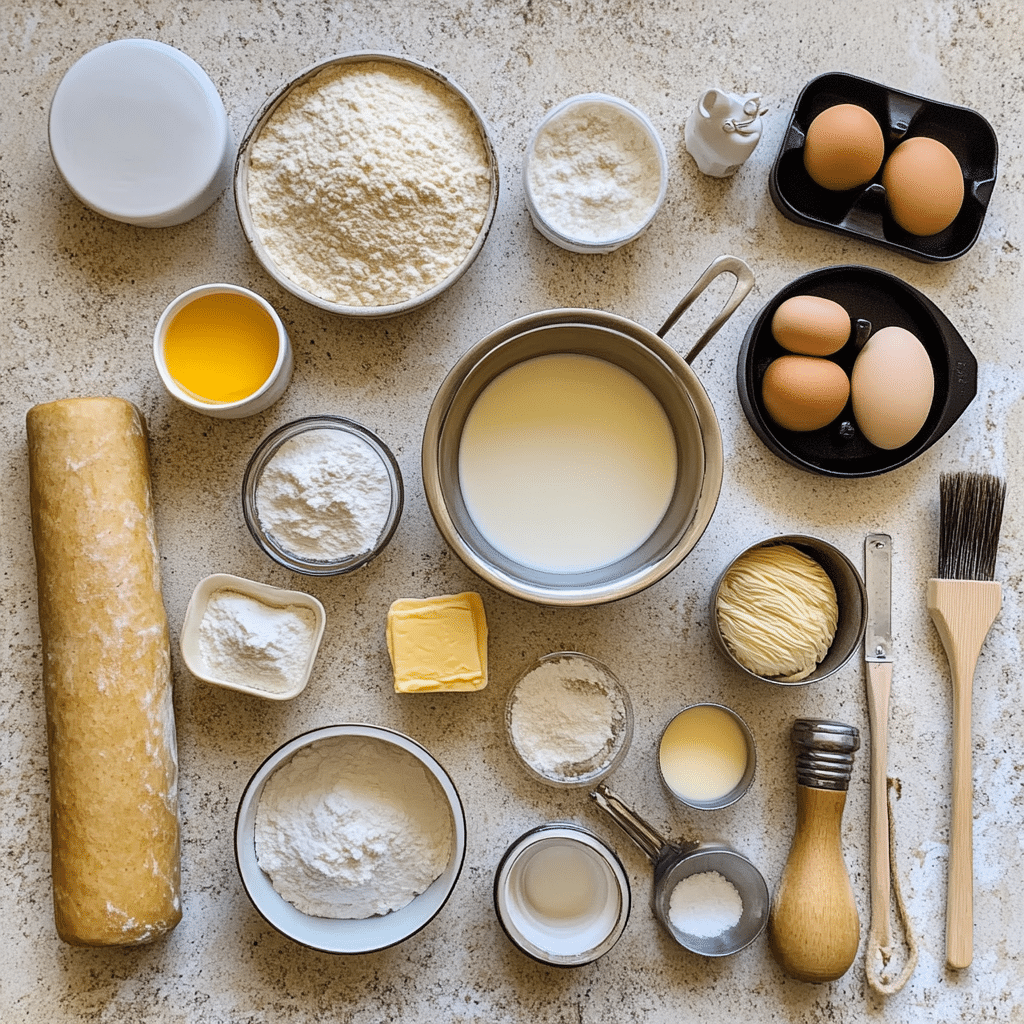 ingredients for parker house rolls including flour yeast milk butter eggs sugar and salt