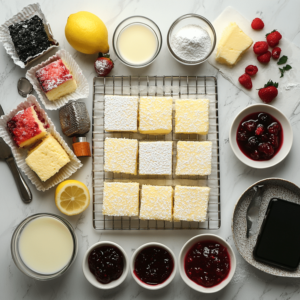 Cake squares, confectioners sugar, butter, milk, vanilla, jam, and toppings for petit fours