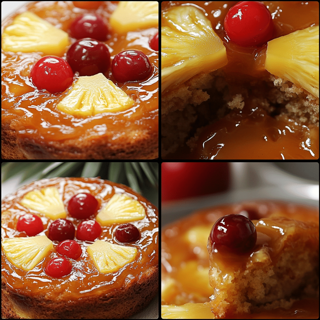 Four panel collage showing the steps for making pineapple upside-down cake