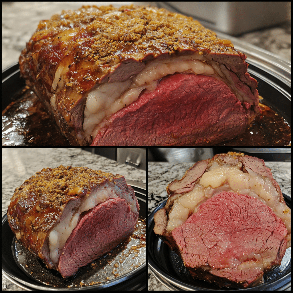 Four panel collage showing the steps for making prime rib roast