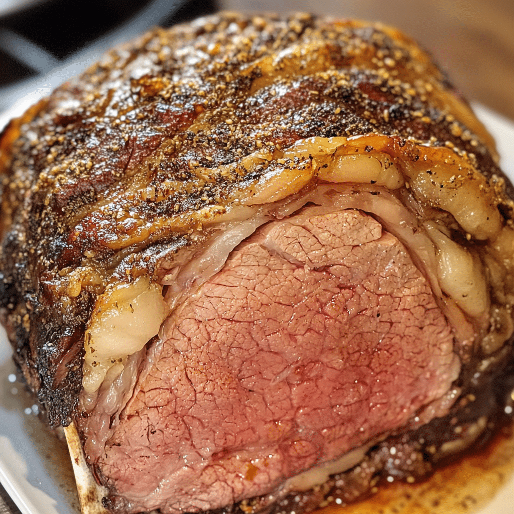 Prime rib roast with golden crust and juices