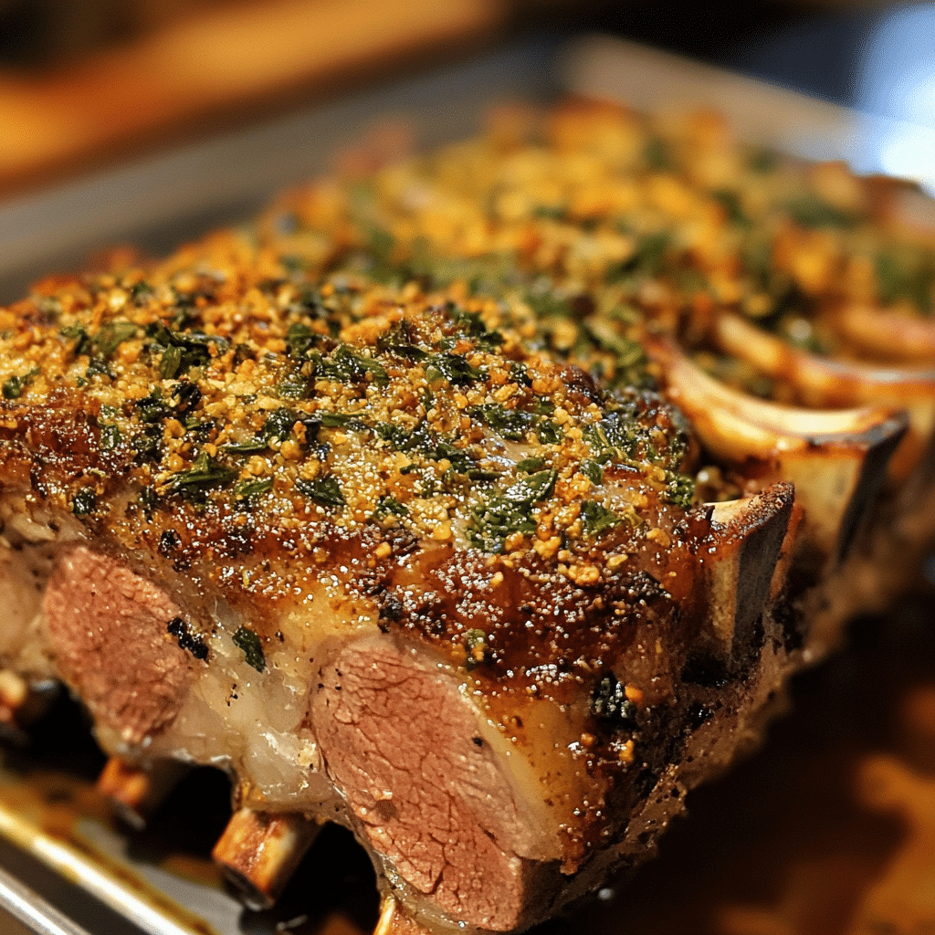 Rack of lamb with golden herb crust, ready to serve
