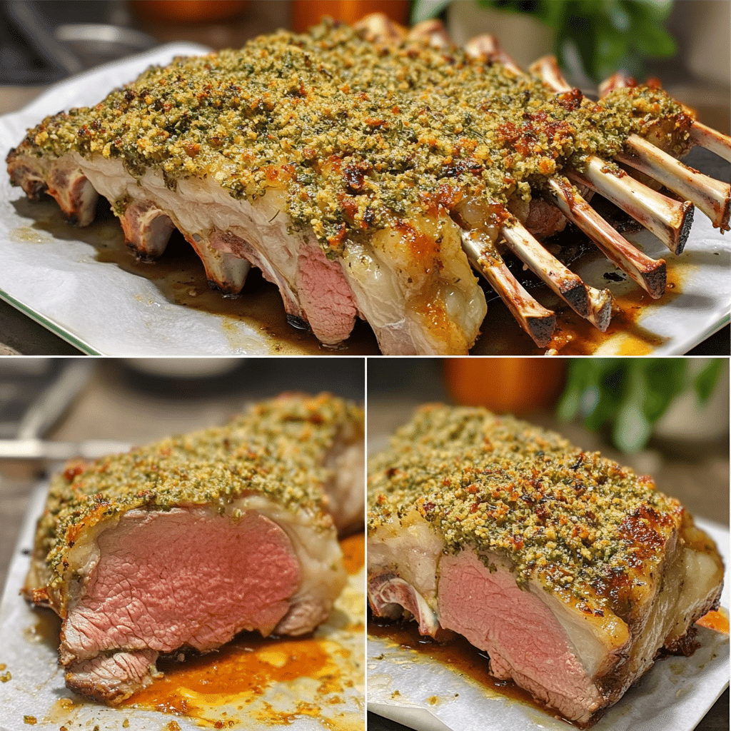 Four panel collage showing the steps for making rack of lamb with herb crust