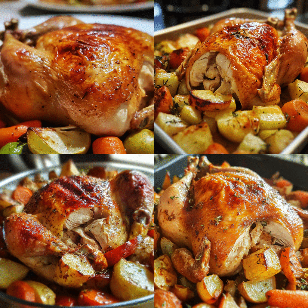 Roasted chicken with vegetables and crispy skin