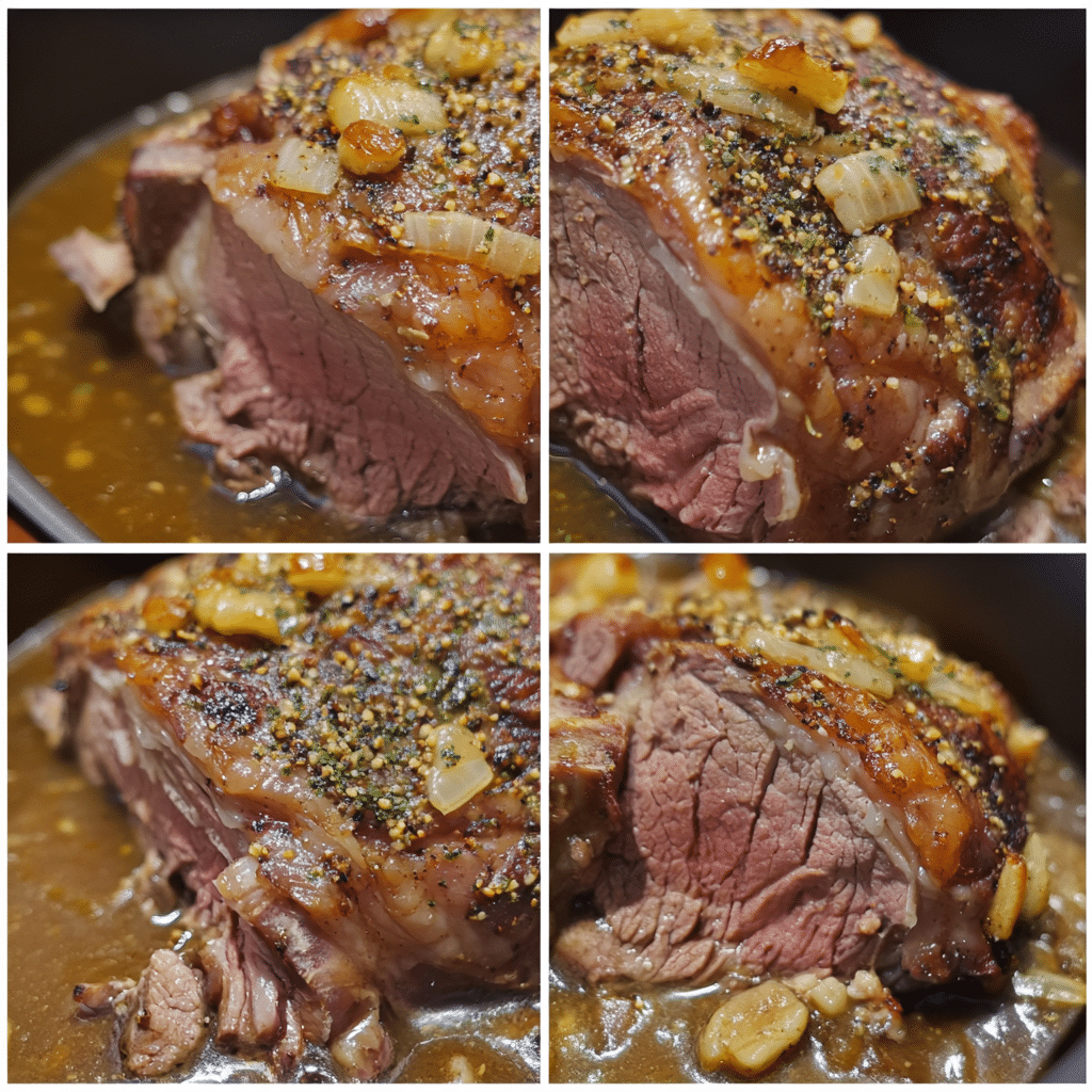 Four panel collage showing the steps for making roast leg of lamb